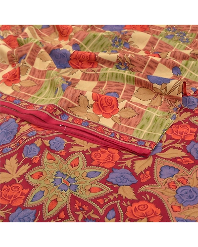 Sanskriti Vintage Indian Sarees Pure Crepe Silk Printed Sari 5 Yd Craft Fabric, PRC-13913-Multi-Printed Floral-Pure Crepe Silk-1