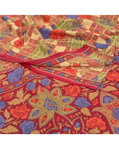 Sanskriti Vintage Indian Sarees Pure Crepe Silk Printed Sari 5 Yd Craft Fabric, PRC-13913-Multi-Printed Floral-Pure Crepe Silk-2