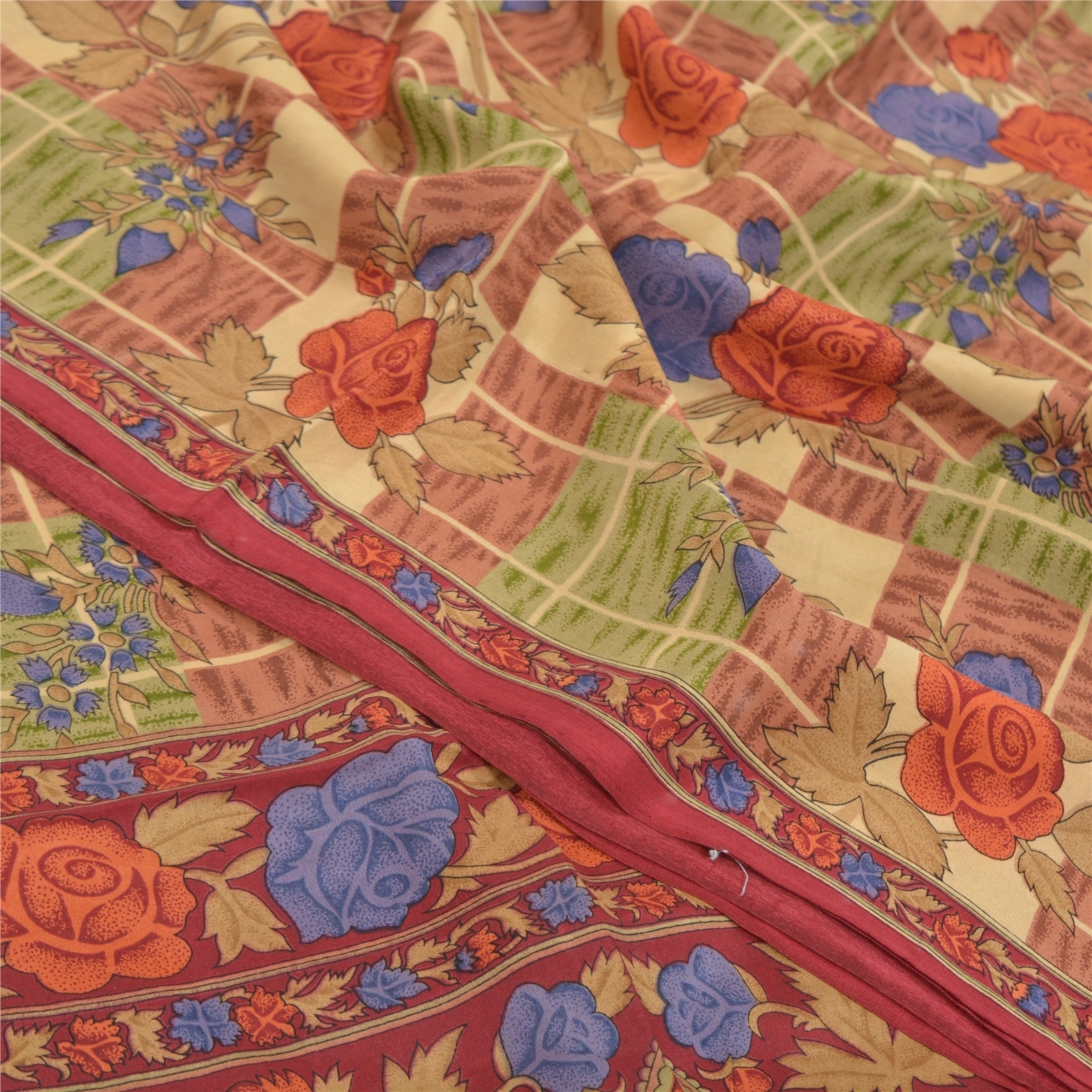 Sanskriti Vintage Indian Sarees Pure Crepe Silk Printed Sari 5 Yd Craft Fabric, PRC-13913-Multi-Printed Floral-Pure Crepe Silk-5