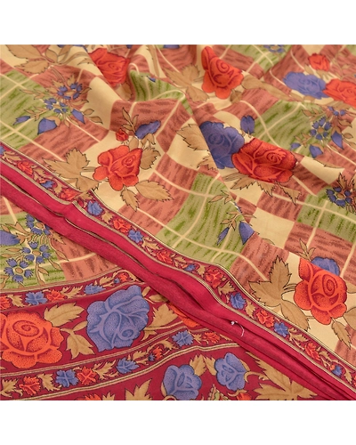 Sanskriti Vintage Indian Sarees Pure Crepe Silk Printed Sari 5 Yd Craft Fabric, PRC-13913-Multi-Printed Floral-Pure Crepe Silk-5
