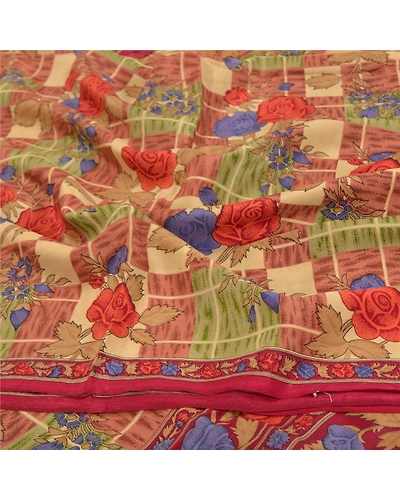 Sanskriti Vintage Indian Sarees Pure Crepe Silk Printed Sari 5 Yd Craft Fabric, PRC-13913-Multi-Printed Floral-Pure Crepe Silk-6