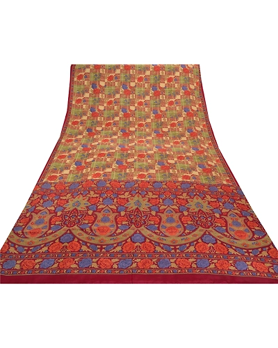 Sanskriti Vintage Indian Sarees Pure Crepe Silk Printed Sari 5 Yd Craft Fabric, PRC-13913-Multi-Printed Floral-Pure Crepe Silk-8