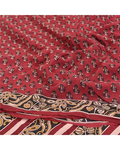 Sanskriti Vintage Dark Red Sarees 100% Pure Crepe Silk Printed Sari Craft Fabric, PRC-14177-Dark Red-Printed Floral-Pure Crepe Silk-6
