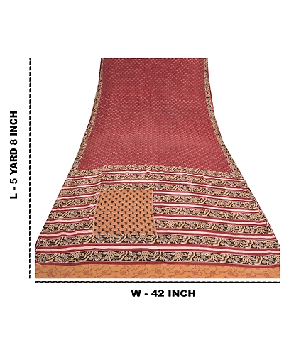 Sanskriti Vintage Dark Red Sarees 100% Pure Crepe Silk Printed Sari Craft Fabric, PRC-14177-Dark Red-Printed Floral-Pure Crepe Silk-9