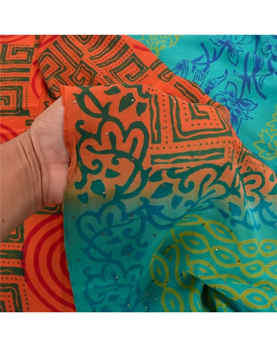 Sanskriti Vintage Orange Sarees 100% Pure Crepe Silk Printed Sari Craft Fabric, PRC-14178-Orange-Printed Floral-Pure Crepe Silk-3