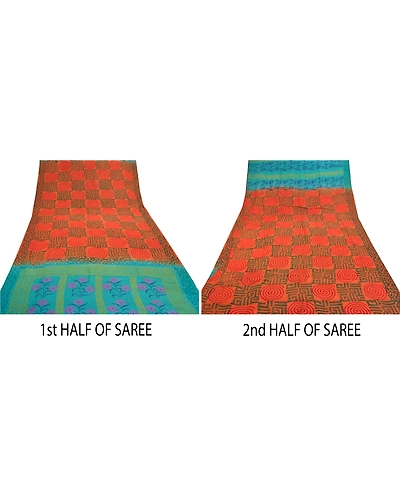 Sanskriti Vintage Orange Sarees 100% Pure Crepe Silk Printed Sari Craft Fabric, PRC-14178-Orange-Printed Floral-Pure Crepe Silk-4