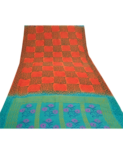 Sanskriti Vintage Orange Sarees 100% Pure Crepe Silk Printed Sari Craft Fabric, PRC-14178-Orange-Printed Floral-Pure Crepe Silk-8