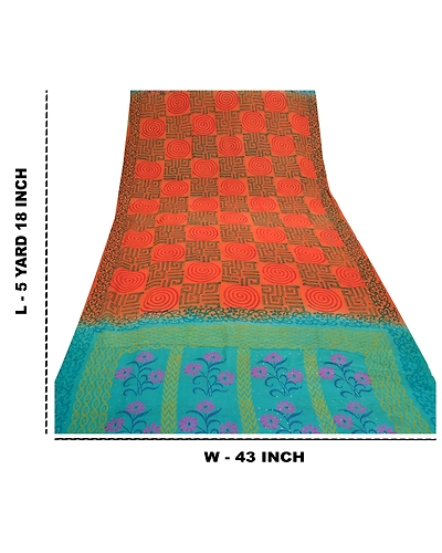 Sanskriti Vintage Orange Sarees 100% Pure Crepe Silk Printed Sari Craft Fabric, PRC-14178-Orange-Printed Floral-Pure Crepe Silk-9