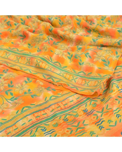 Sanskriti Vintage Orange Indian Sarees Pure Crepe Silk Printed Sari Craft Fabric, PRC-14184-Orange-Printed Floral-Pure Crepe Silk-1