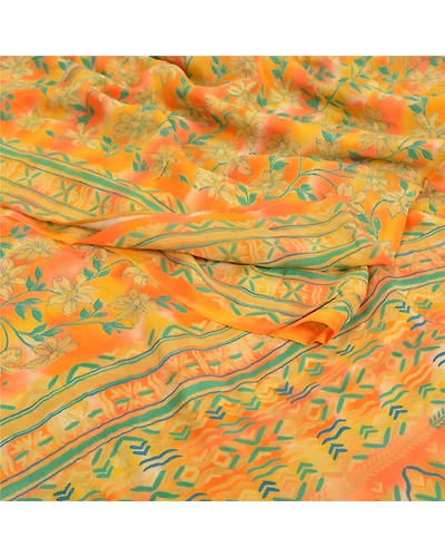 Sanskriti Vintage Orange Indian Sarees Pure Crepe Silk Printed Sari Craft Fabric, PRC-14184-Orange-Printed Floral-Pure Crepe Silk-2