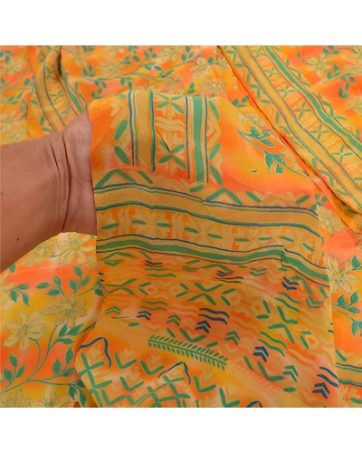 Sanskriti Vintage Orange Indian Sarees Pure Crepe Silk Printed Sari Craft Fabric, PRC-14184-Orange-Printed Floral-Pure Crepe Silk-3