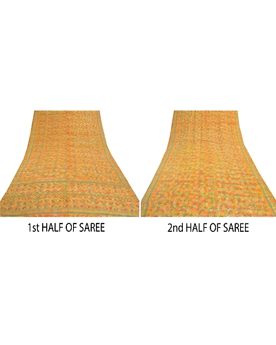 Sanskriti Vintage Orange Indian Sarees Pure Crepe Silk Printed Sari Craft Fabric, PRC-14184-Orange-Printed Floral-Pure Crepe Silk-4