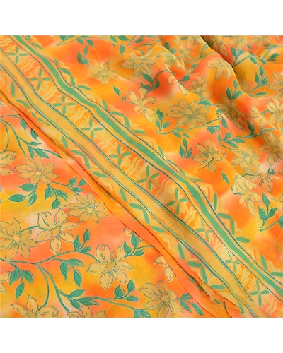Sanskriti Vintage Orange Indian Sarees Pure Crepe Silk Printed Sari Craft Fabric, PRC-14184-Orange-Printed Floral-Pure Crepe Silk-5