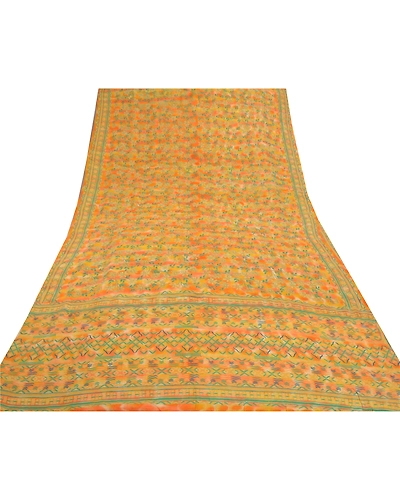 Sanskriti Vintage Orange Indian Sarees Pure Crepe Silk Printed Sari Craft Fabric, PRC-14184-Orange-Printed Floral-Pure Crepe Silk-8