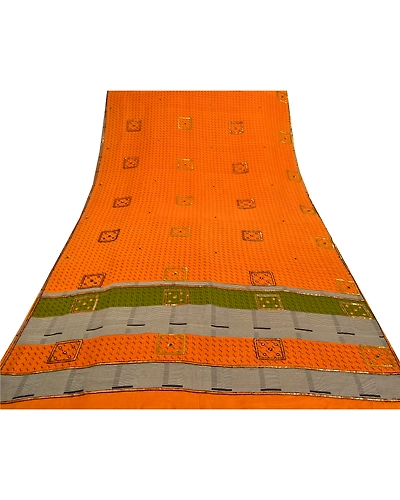 Sanskriti Vintage Yellow Sarees Pure Crepe Silk Printed Hand Beaded Sari Fabric, PRC-14364-Yellow-Printed Floral-Pure Crepe Silk-8