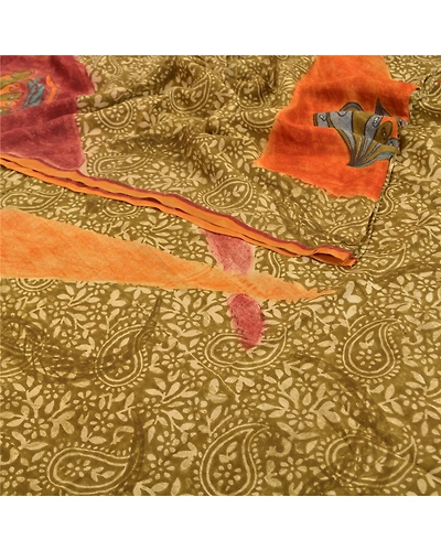 Sanskriti Vintage Green Indian Sarees Pure Crepe Silk Printed Sari Craft Fabric, PRC-14417-Green-Printed Floral-Pure Crepe Silk-1