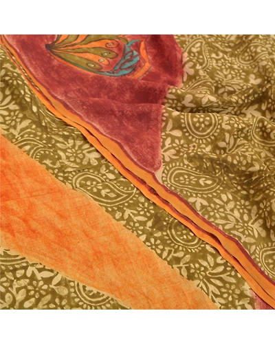 Sanskriti Vintage Green Indian Sarees Pure Crepe Silk Printed Sari Craft Fabric, PRC-14417-Green-Printed Floral-Pure Crepe Silk-5