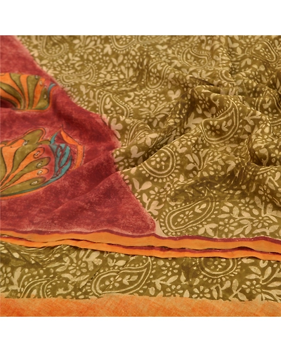 Sanskriti Vintage Green Indian Sarees Pure Crepe Silk Printed Sari Craft Fabric, PRC-14417-Green-Printed Floral-Pure Crepe Silk-6