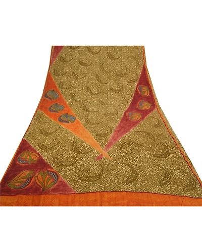 Sanskriti Vintage Green Indian Sarees Pure Crepe Silk Printed Sari Craft Fabric, PRC-14417-Green-Printed Floral-Pure Crepe Silk-8