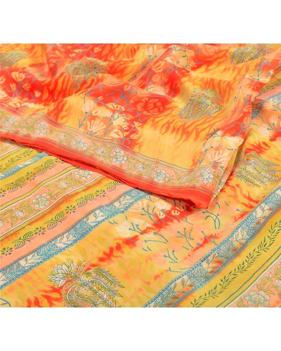 Sanskriti Vintage Yellow Sarees 100% Pure Crepe Silk Printed Sari Craft Fabric, PRC-14437-Yellow-Printed Floral-Pure Crepe Silk-1