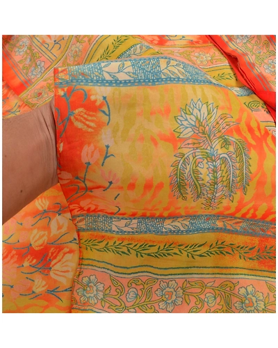 Sanskriti Vintage Yellow Sarees 100% Pure Crepe Silk Printed Sari Craft Fabric, PRC-14437-Yellow-Printed Floral-Pure Crepe Silk-3