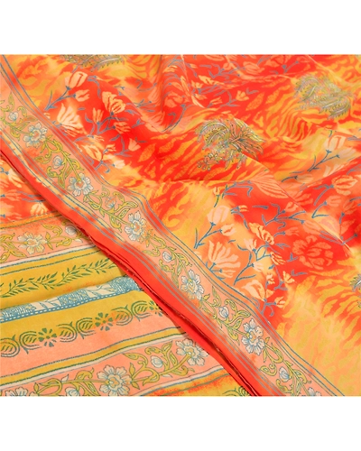 Sanskriti Vintage Yellow Sarees 100% Pure Crepe Silk Printed Sari Craft Fabric, PRC-14437-Yellow-Printed Floral-Pure Crepe Silk-5