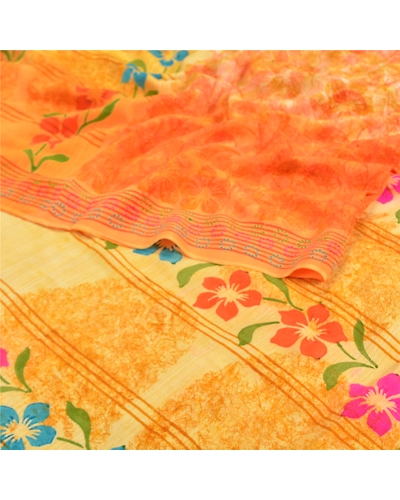 Sanskriti Vintage Saffron Sarees 100% Pure Crepe Silk Printed Fabric Craft Sari, PRC-14485-Shade Of Saffron-Printed Floral-Pure Crepe Silk-1