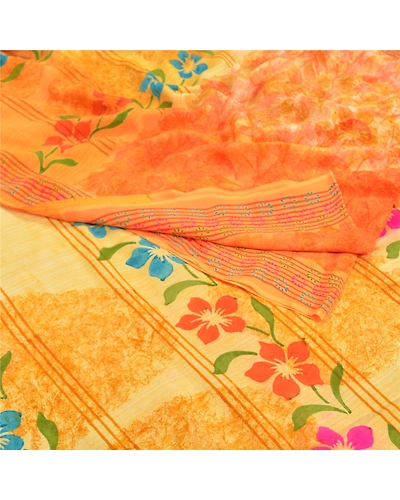 Sanskriti Vintage Saffron Sarees 100% Pure Crepe Silk Printed Fabric Craft Sari, PRC-14485-Shade Of Saffron-Printed Floral-Pure Crepe Silk-2