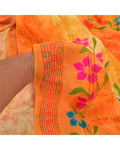 Sanskriti Vintage Saffron Sarees 100% Pure Crepe Silk Printed Fabric Craft Sari, PRC-14485-Shade Of Saffron-Printed Floral-Pure Crepe Silk-3
