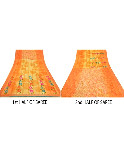 Sanskriti Vintage Saffron Sarees 100% Pure Crepe Silk Printed Fabric Craft Sari, PRC-14485-Shade Of Saffron-Printed Floral-Pure Crepe Silk-4