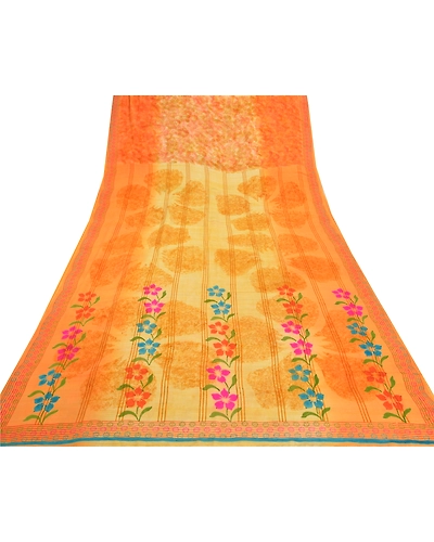 Sanskriti Vintage Saffron Sarees 100% Pure Crepe Silk Printed Fabric Craft Sari, PRC-14485-Shade Of Saffron-Printed Floral-Pure Crepe Silk-8