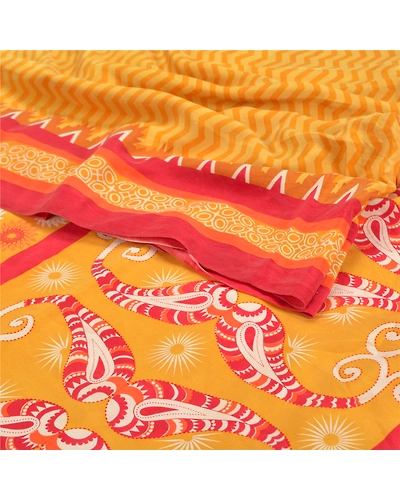 Sanskriti Vintage Mustard Sarees Pure Crepe Silk Printed Sari Craft Fabric, PRC-14593-Mustard-Printed Floral-Pure Crepe Silk-1