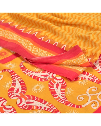 Sanskriti Vintage Mustard Sarees Pure Crepe Silk Printed Sari Craft Fabric, PRC-14593-Mustard-Printed Floral-Pure Crepe Silk-2