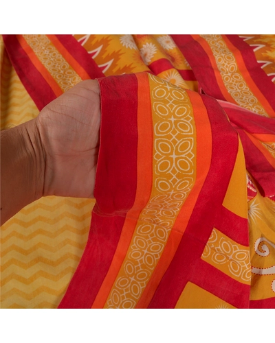Sanskriti Vintage Mustard Sarees Pure Crepe Silk Printed Sari Craft Fabric, PRC-14593-Mustard-Printed Floral-Pure Crepe Silk-3