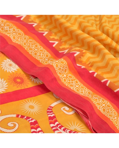 Sanskriti Vintage Mustard Sarees Pure Crepe Silk Printed Sari Craft Fabric, PRC-14593-Mustard-Printed Floral-Pure Crepe Silk-5