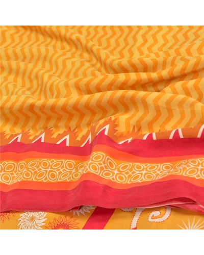 Sanskriti Vintage Mustard Sarees Pure Crepe Silk Printed Sari Craft Fabric, PRC-14593-Mustard-Printed Floral-Pure Crepe Silk-6