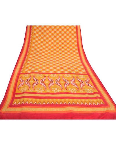Sanskriti Vintage Mustard Sarees Pure Crepe Silk Printed Sari Craft Fabric, PRC-14593-Mustard-Printed Floral-Pure Crepe Silk-8