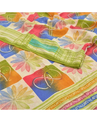 Sanskriti Vintage Indian Sarees Pure Crepe Silk Printed Fabric Craft Sewing Sari, PRC-14608-Multi Color-Printed Floral-Pure Crepe Silk-1