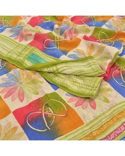 Sanskriti Vintage Indian Sarees Pure Crepe Silk Printed Fabric Craft Sewing Sari, PRC-14608-Multi Color-Printed Floral-Pure Crepe Silk-2