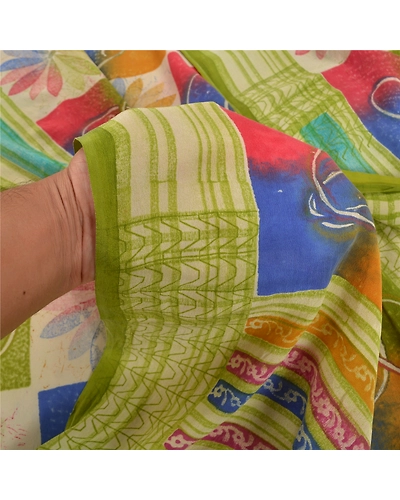 Sanskriti Vintage Indian Sarees Pure Crepe Silk Printed Fabric Craft Sewing Sari, PRC-14608-Multi Color-Printed Floral-Pure Crepe Silk-3