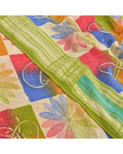 Sanskriti Vintage Indian Sarees Pure Crepe Silk Printed Fabric Craft Sewing Sari, PRC-14608-Multi Color-Printed Floral-Pure Crepe Silk-5