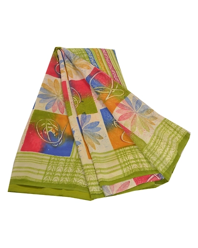 Sanskriti Vintage Indian Sarees Pure Crepe Silk Printed Fabric Craft Sewing Sari, PRC-14608-Multi Color-Printed Floral-Pure Crepe Silk-7