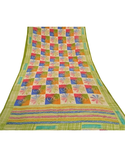 Sanskriti Vintage Indian Sarees Pure Crepe Silk Printed Fabric Craft Sewing Sari, PRC-14608-Multi Color-Printed Floral-Pure Crepe Silk-8