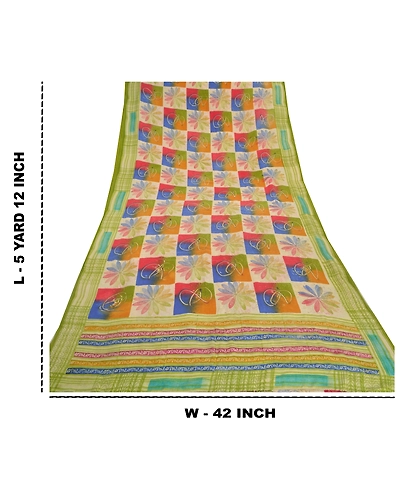 Sanskriti Vintage Indian Sarees Pure Crepe Silk Printed Fabric Craft Sewing Sari, PRC-14608-Multi Color-Printed Floral-Pure Crepe Silk-9