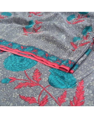 Sanskriti Vintage Grey Sarees Pure Cerpe Silk Printed Sari Craft Indian Fabric, PRC-14668-Grey-Printed Floral-Pure Crepe Silk-1