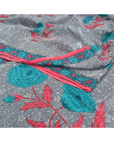 Sanskriti Vintage Grey Sarees Pure Cerpe Silk Printed Sari Craft Indian Fabric, PRC-14668-Grey-Printed Floral-Pure Crepe Silk-2