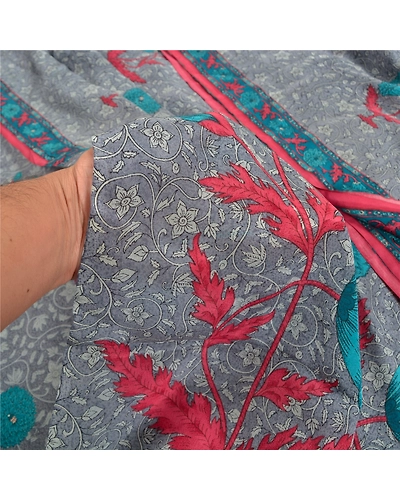 Sanskriti Vintage Grey Sarees Pure Cerpe Silk Printed Sari Craft Indian Fabric, PRC-14668-Grey-Printed Floral-Pure Crepe Silk-3