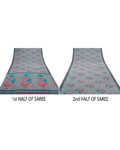 Sanskriti Vintage Grey Sarees Pure Cerpe Silk Printed Sari Craft Indian Fabric, PRC-14668-Grey-Printed Floral-Pure Crepe Silk-4
