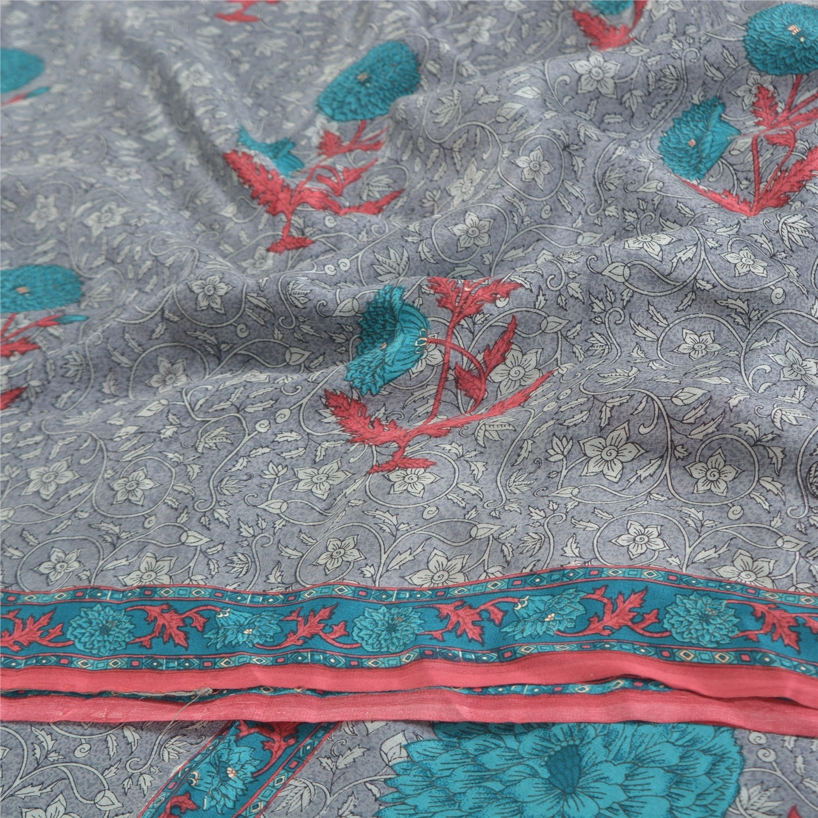 Sanskriti Vintage Grey Sarees Pure Cerpe Silk Printed Sari Craft Indian Fabric, PRC-14668-Grey-Printed Floral-Pure Crepe Silk-6