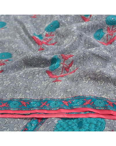 Sanskriti Vintage Grey Sarees Pure Cerpe Silk Printed Sari Craft Indian Fabric, PRC-14668-Grey-Printed Floral-Pure Crepe Silk-6
